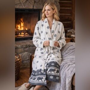 Vintage Earth Angels Fleece Robe White Gray Snowflake Bear Print Belted Large